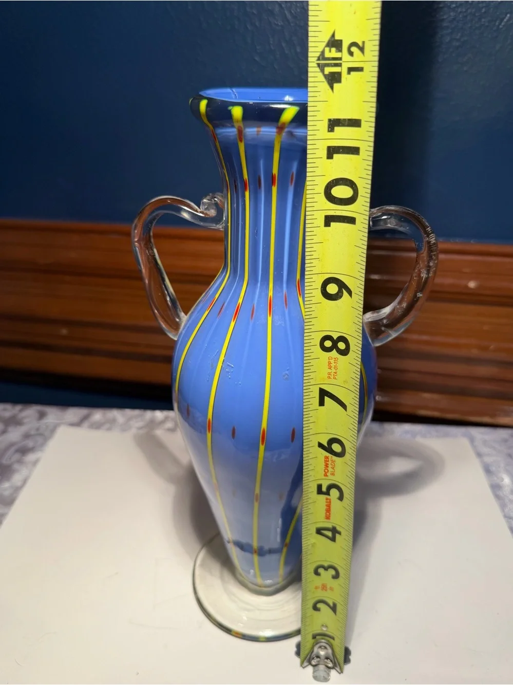 Vibrant Murano Style blue hand-blown art glass vase. Blue Yellow Red Stripes